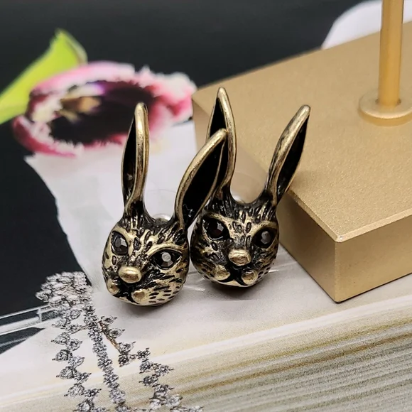 Vintage Estate Bunny Rabbit Crystal Stud Gold Earrings - Picture 3 of 16